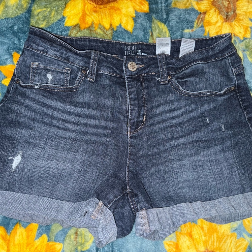 Time and Tru Women's Distressed Dark Blue Jean Shorts